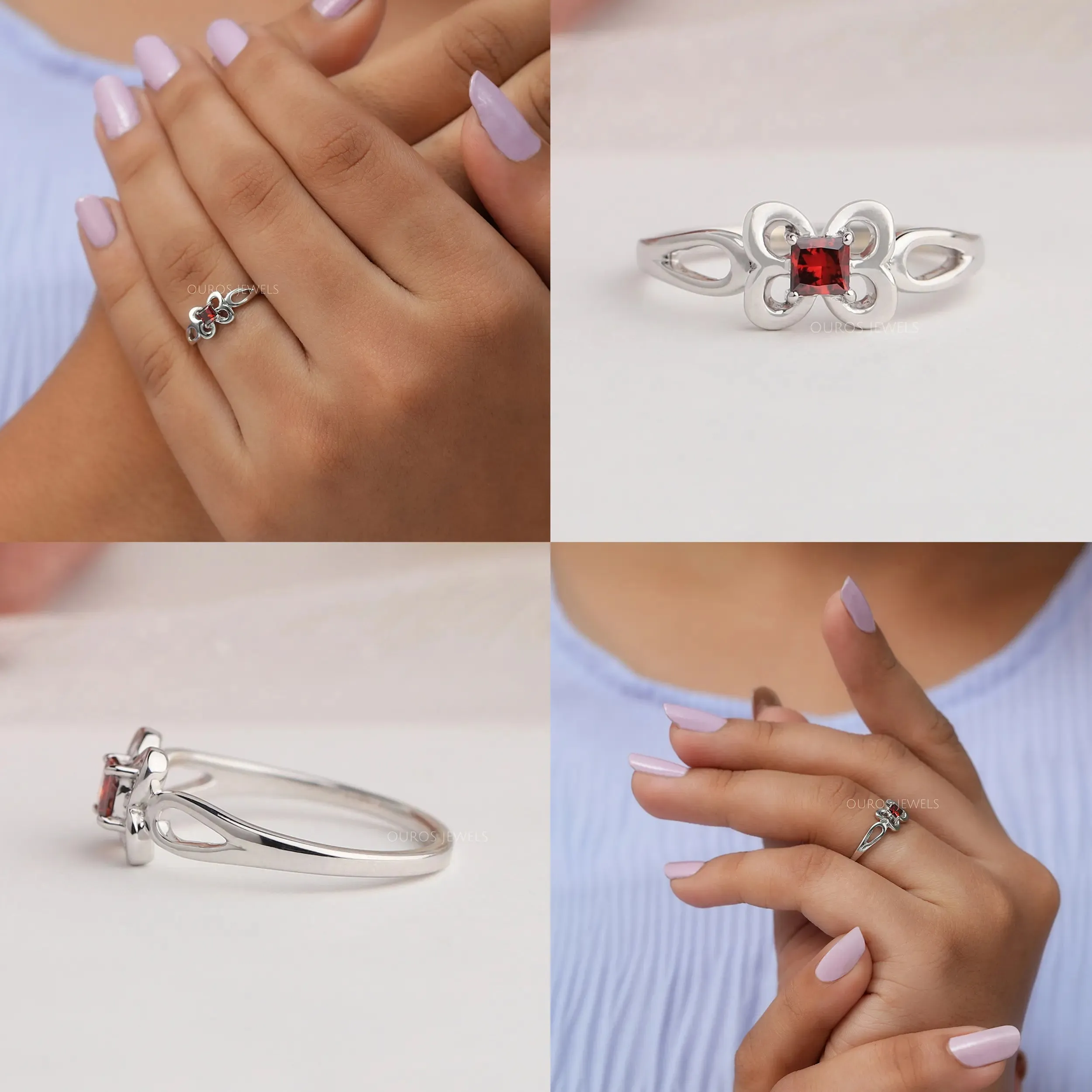 Red Princess Cut Butterfly Shape Dainty Ring