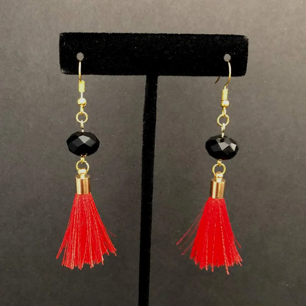 Red Tassel and Black Crystal Dangle Earrings