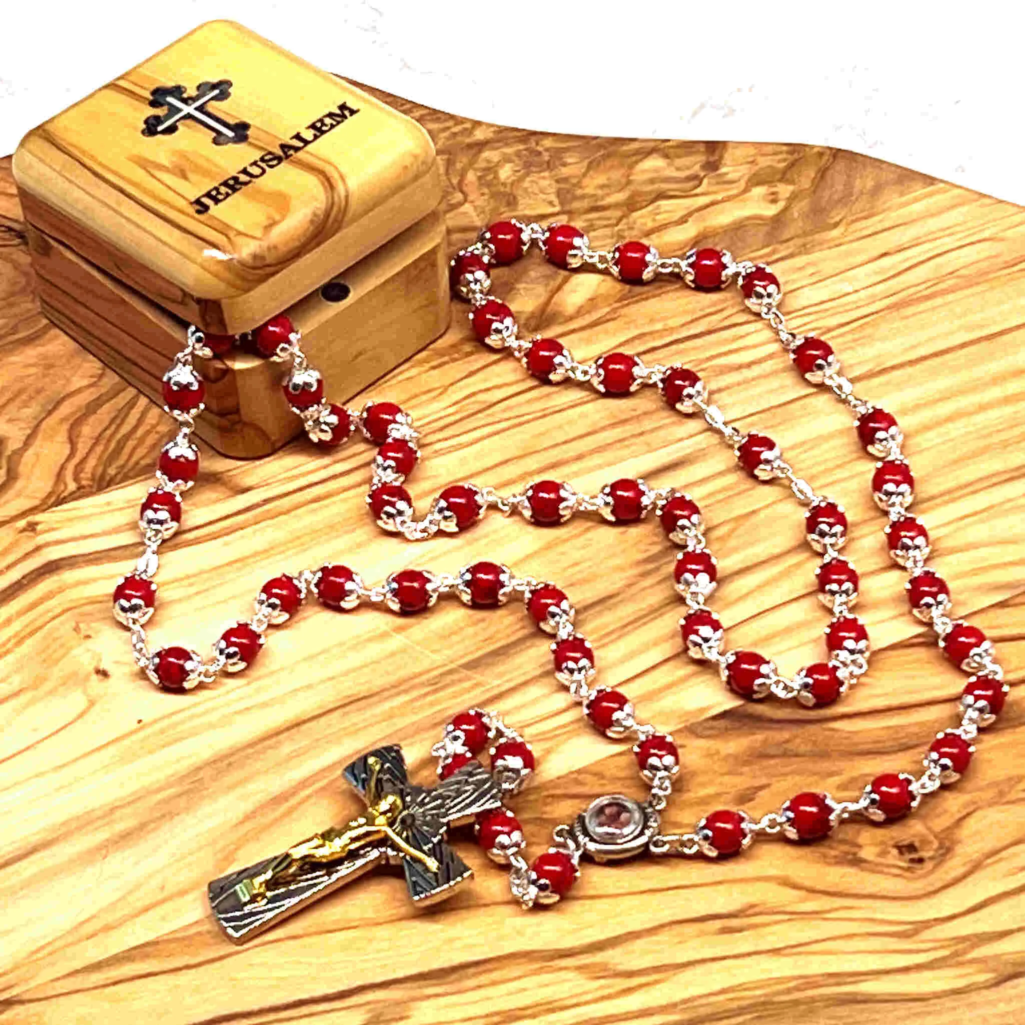 Rosary Necklace with Red Stone Beads