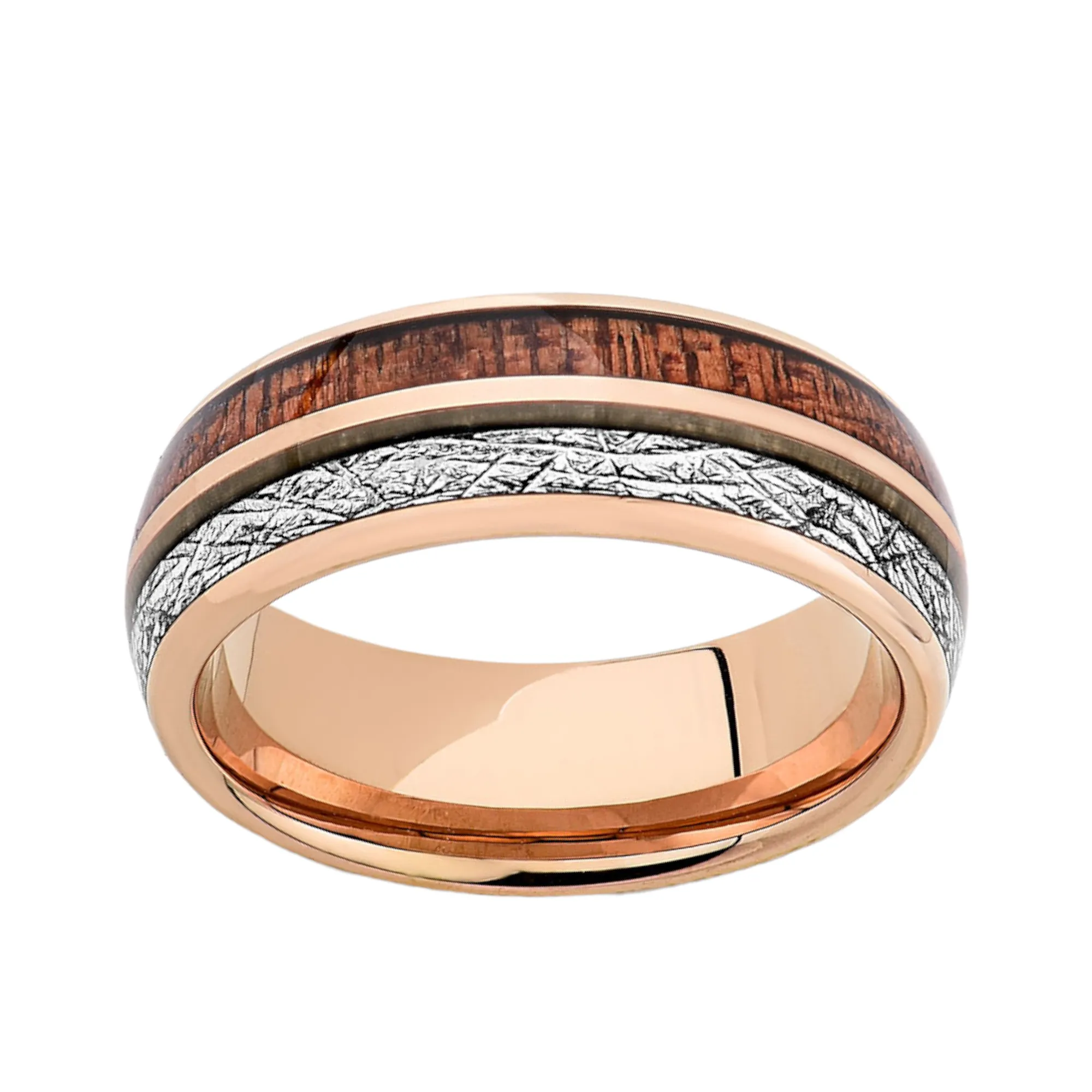 Rose Gold Koa Wood Ring -  8MM  Mens Meteorite Tungsten Band - Unique Mens Engagement rings