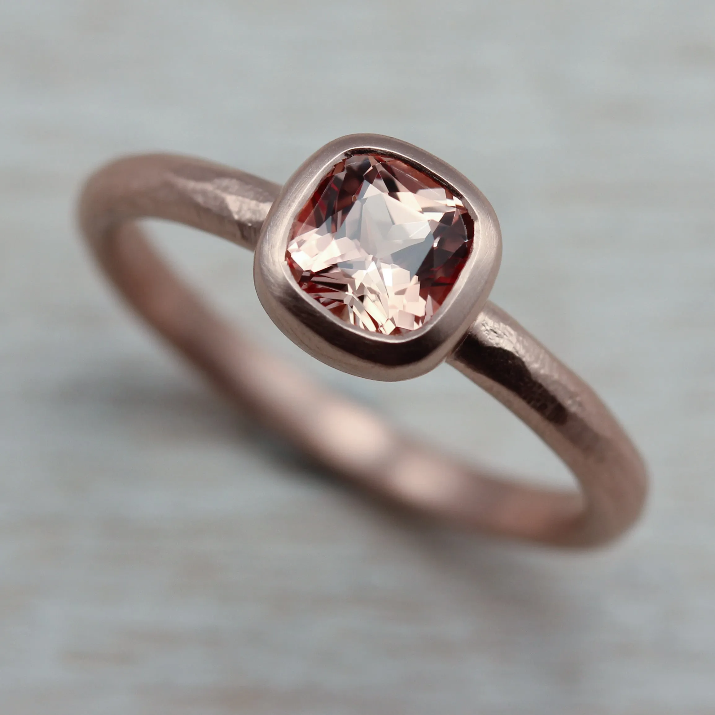 Rustic Cushion Solitaire Ring with Light Peach Sapphire