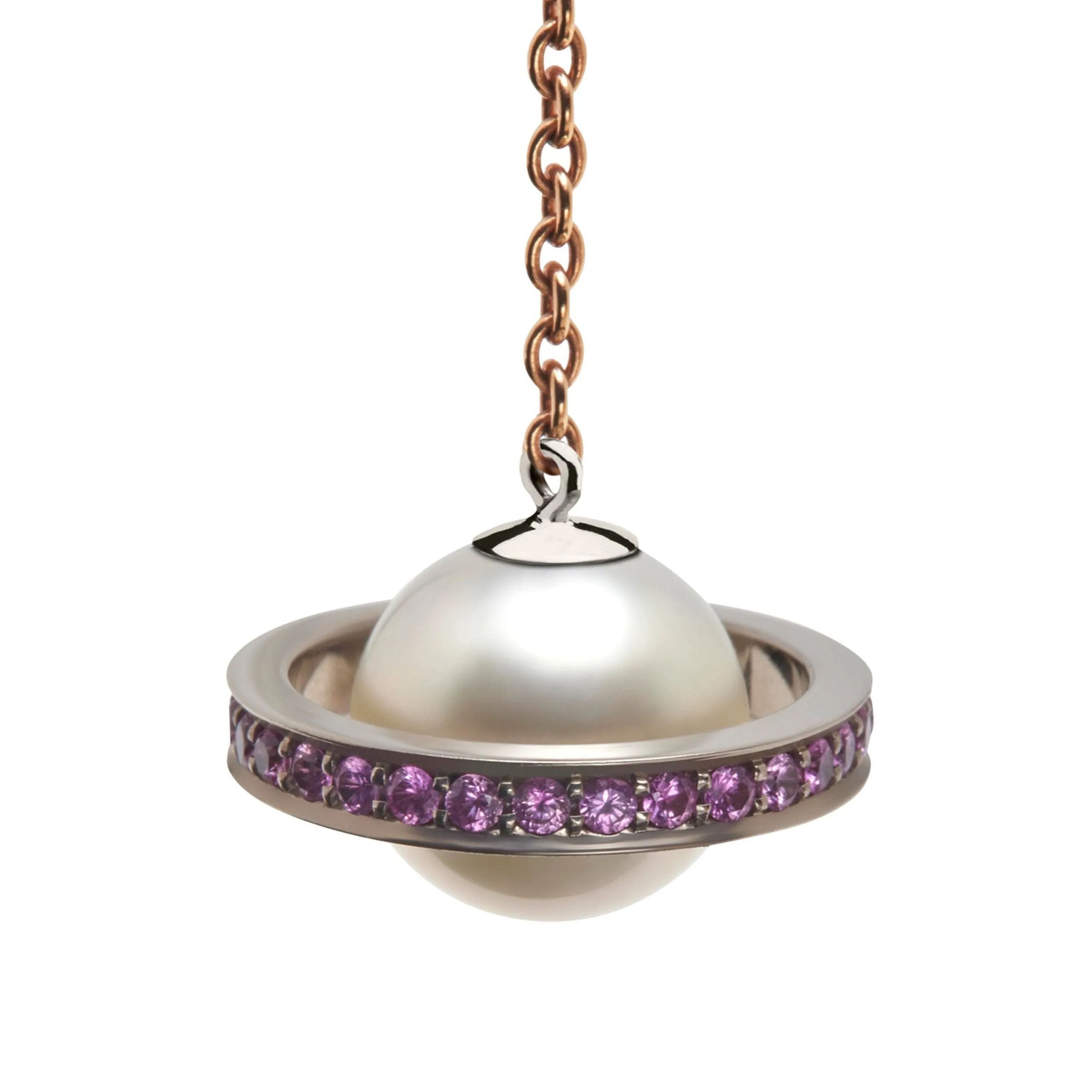 Saturn chains stoned white and rose gold with south sea pearl, mexican opal and pink sapphire