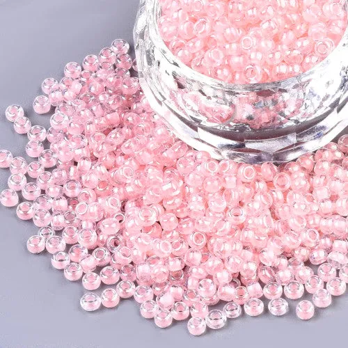 Seed Beads, Glass, Transparent, Inside Color, Pink, Luster, #8, Round, 3mm