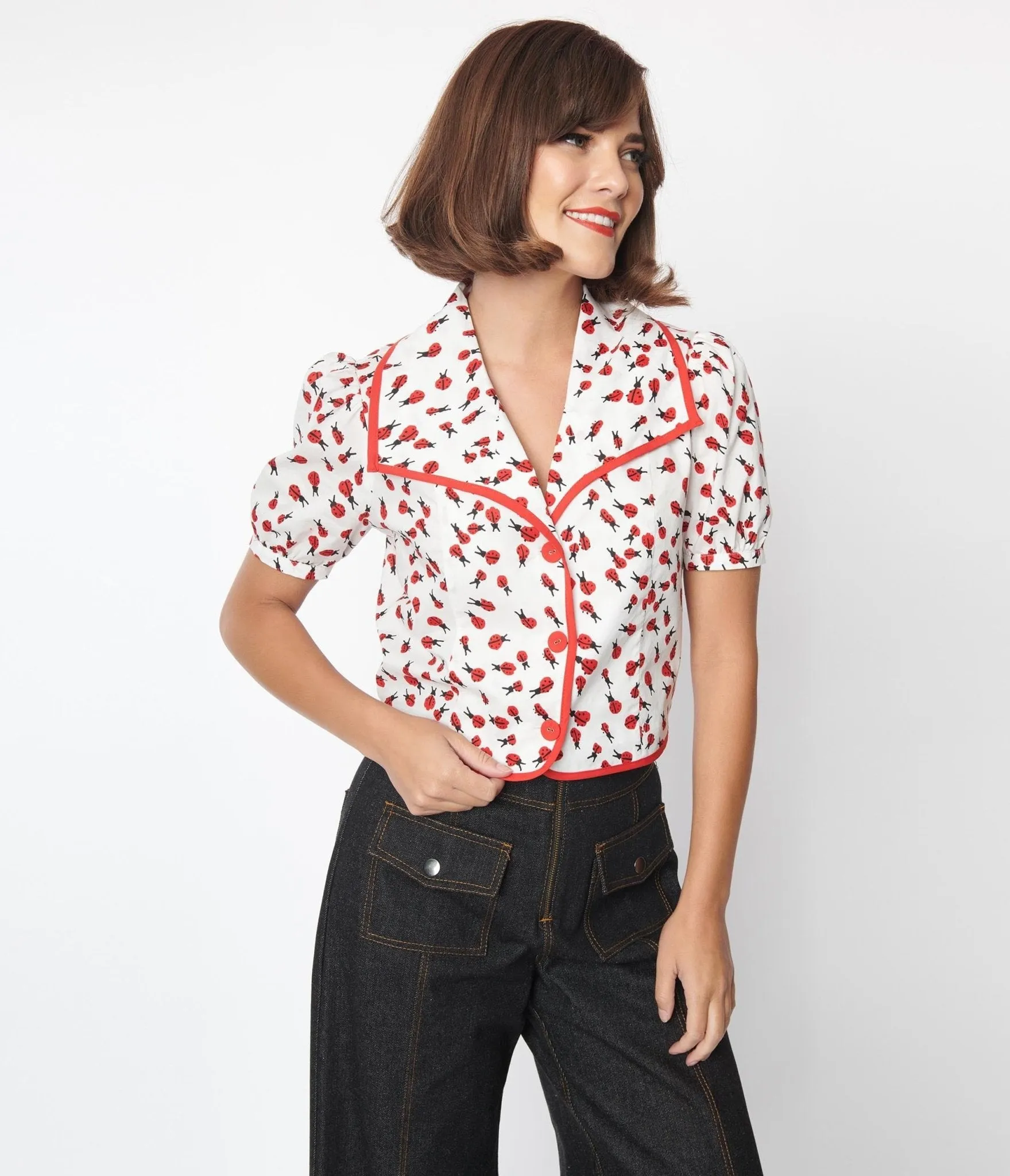 Smak Parlour White & Ladybug Print Wide Lapel Collar Blouse