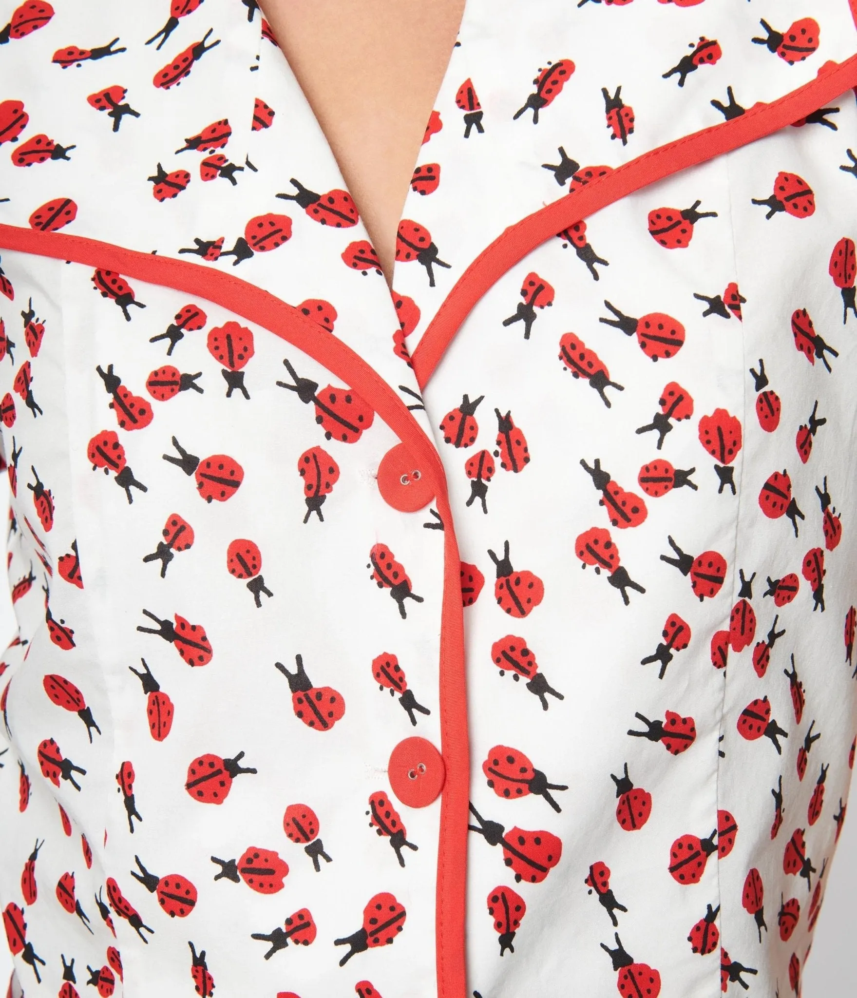 Smak Parlour White & Ladybug Print Wide Lapel Collar Blouse