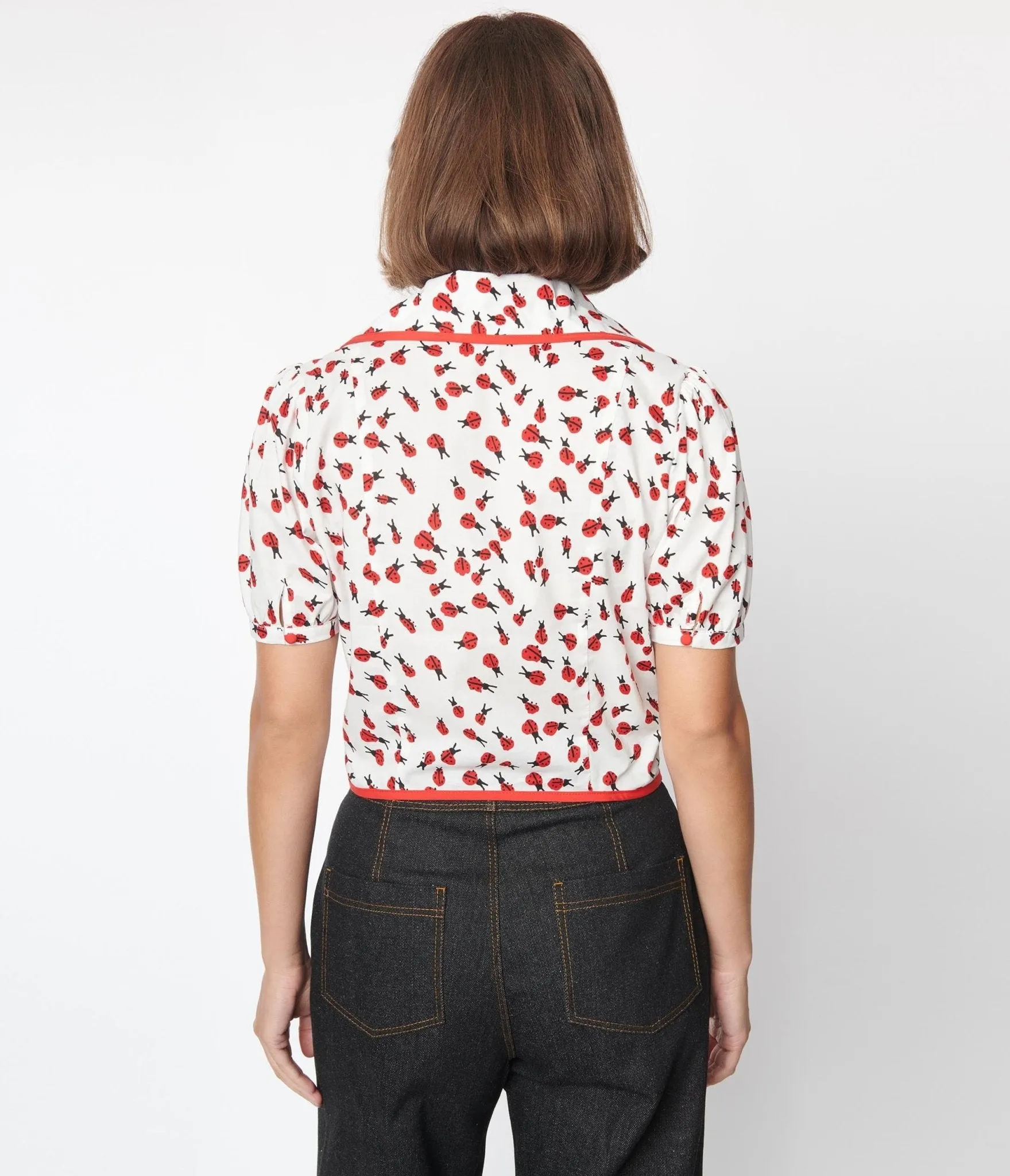 Smak Parlour White & Ladybug Print Wide Lapel Collar Blouse