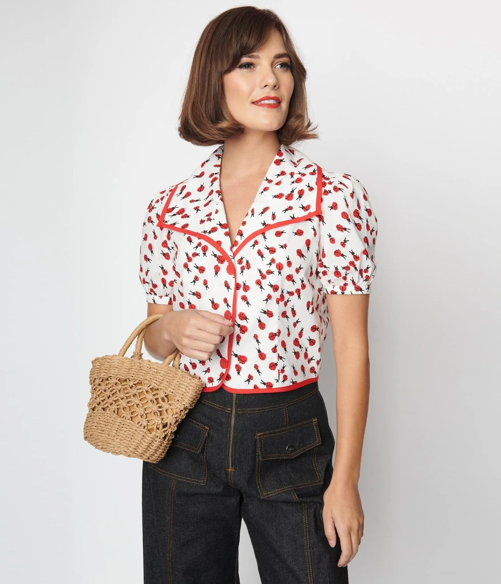 Smak Parlour White & Ladybug Print Wide Lapel Collar Blouse