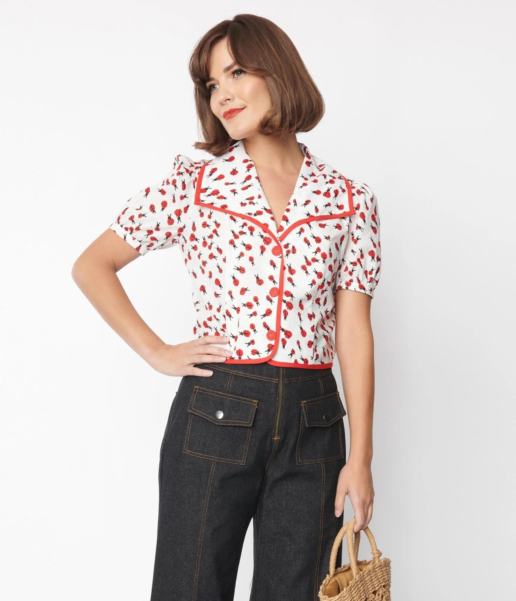 Smak Parlour White & Ladybug Print Wide Lapel Collar Blouse