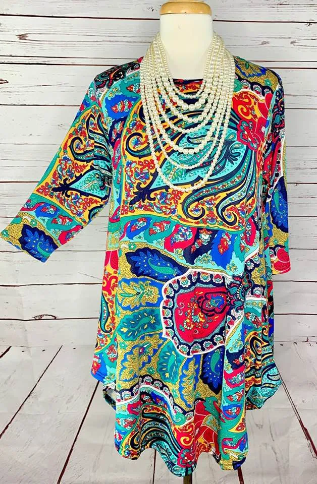 SM/MED *Turquoise, Mustard, Pink Paisley Scoop Tunic Top