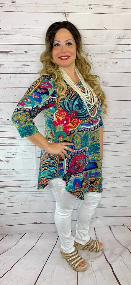 SM/MED *Turquoise, Mustard, Pink Paisley Scoop Tunic Top