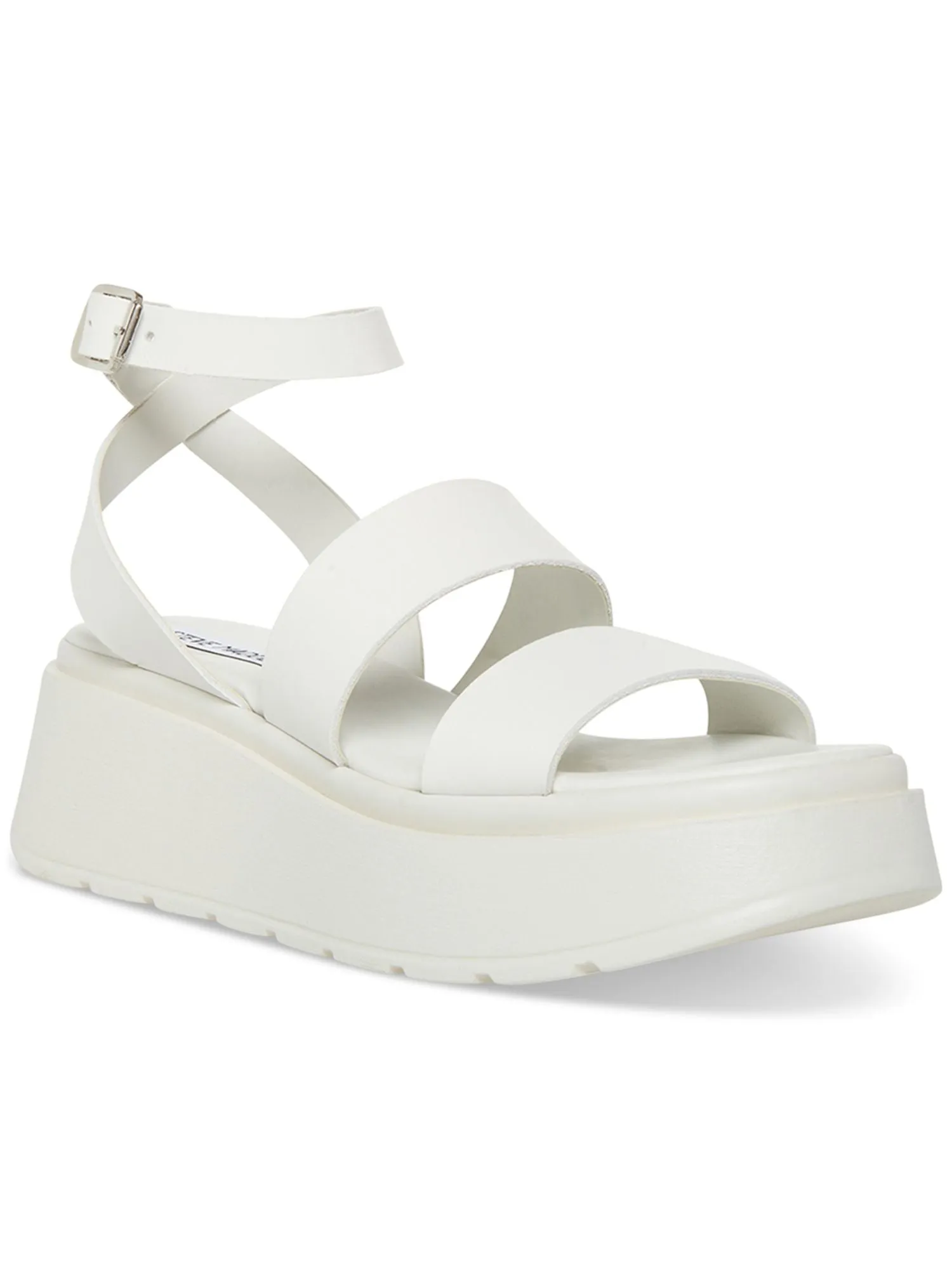 STEVE MADDEN Womens White 1-1/2 Platform Ankle Strap Padded Tenysi Square Toe Wedge Buckle Leather Heeled