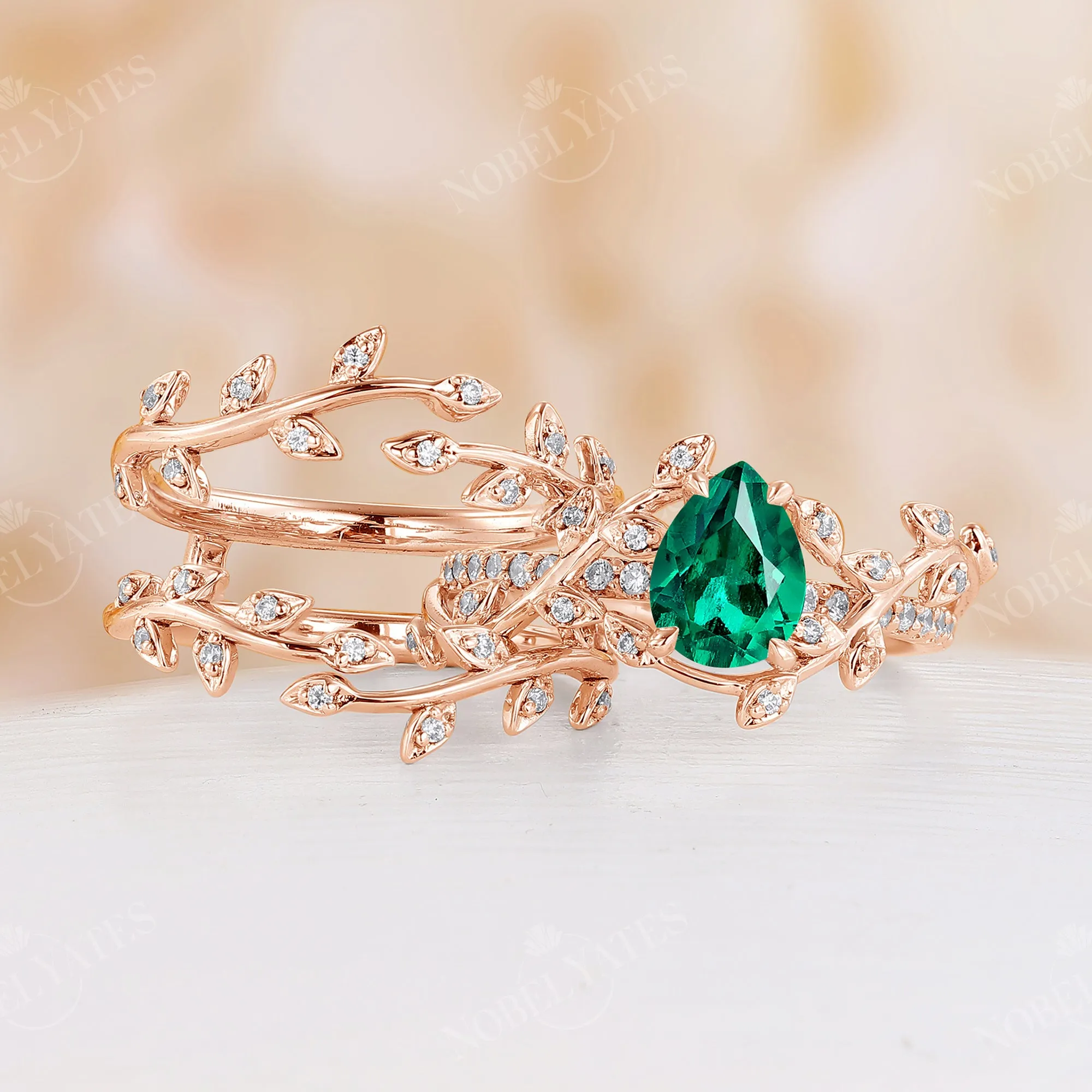 Teardop Lab Emerald Rose Gold Nature Inspired Twig Leaf Engagement Ring Set