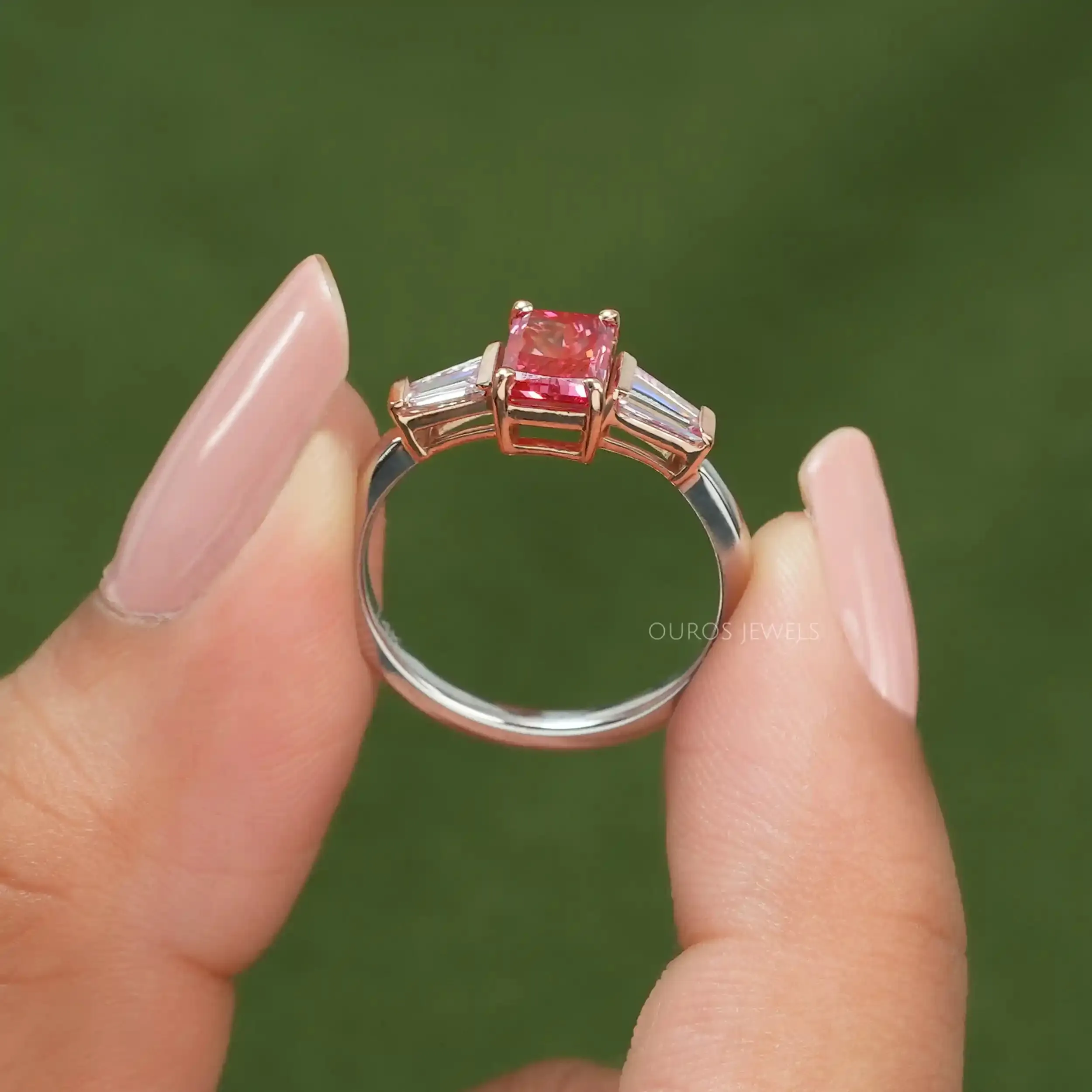 Three Stone Pink Radiant Cut Lab Diamond Engagement Ring