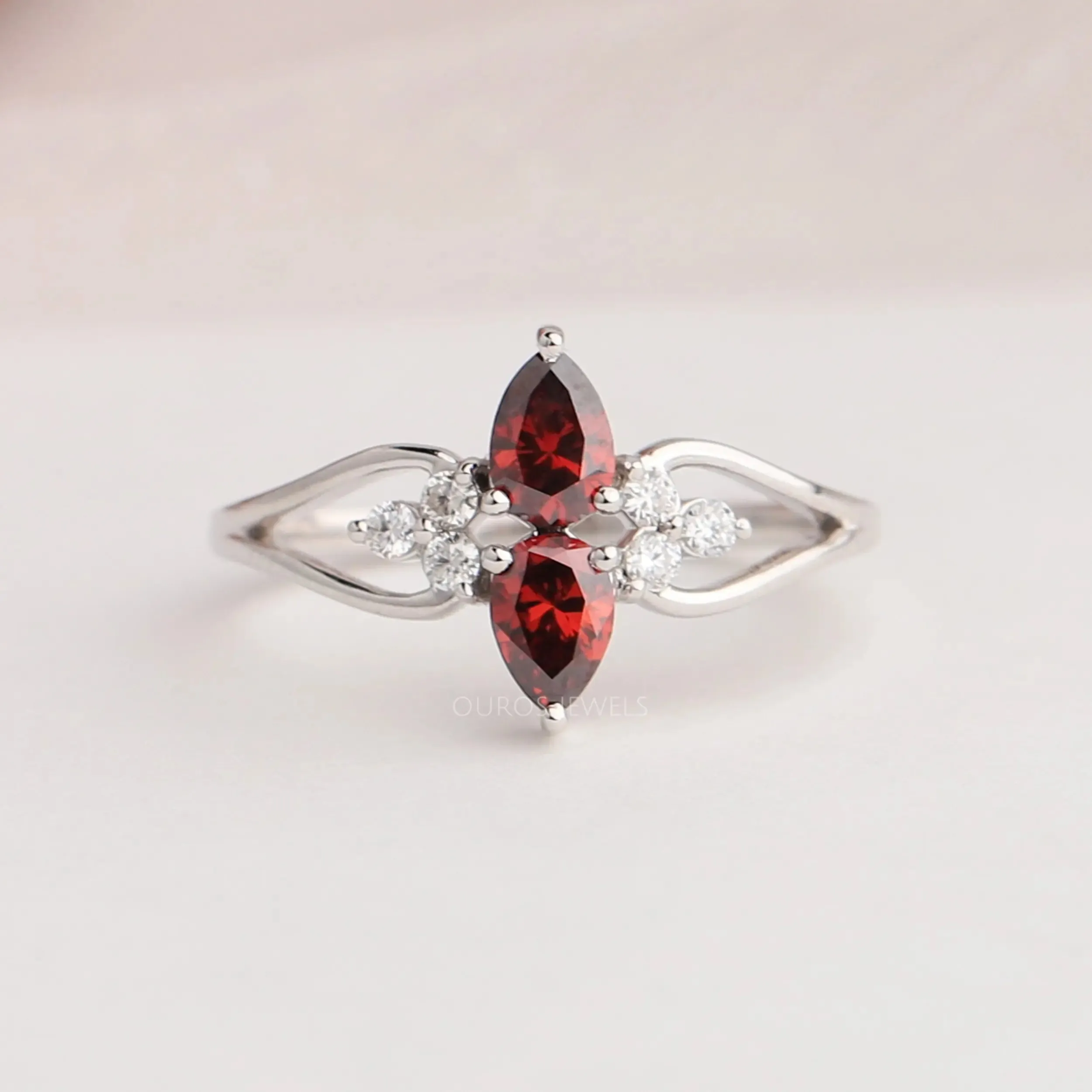 Two  Stone Red Pear Diamond Dainty Ring