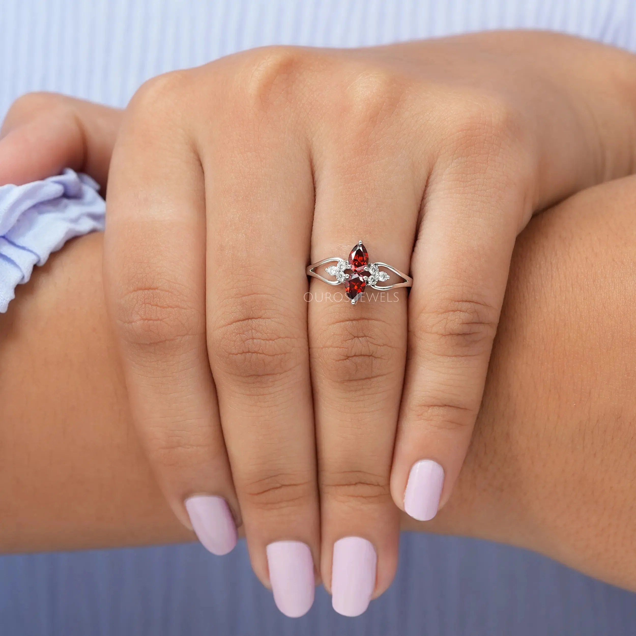 Two  Stone Red Pear Diamond Dainty Ring