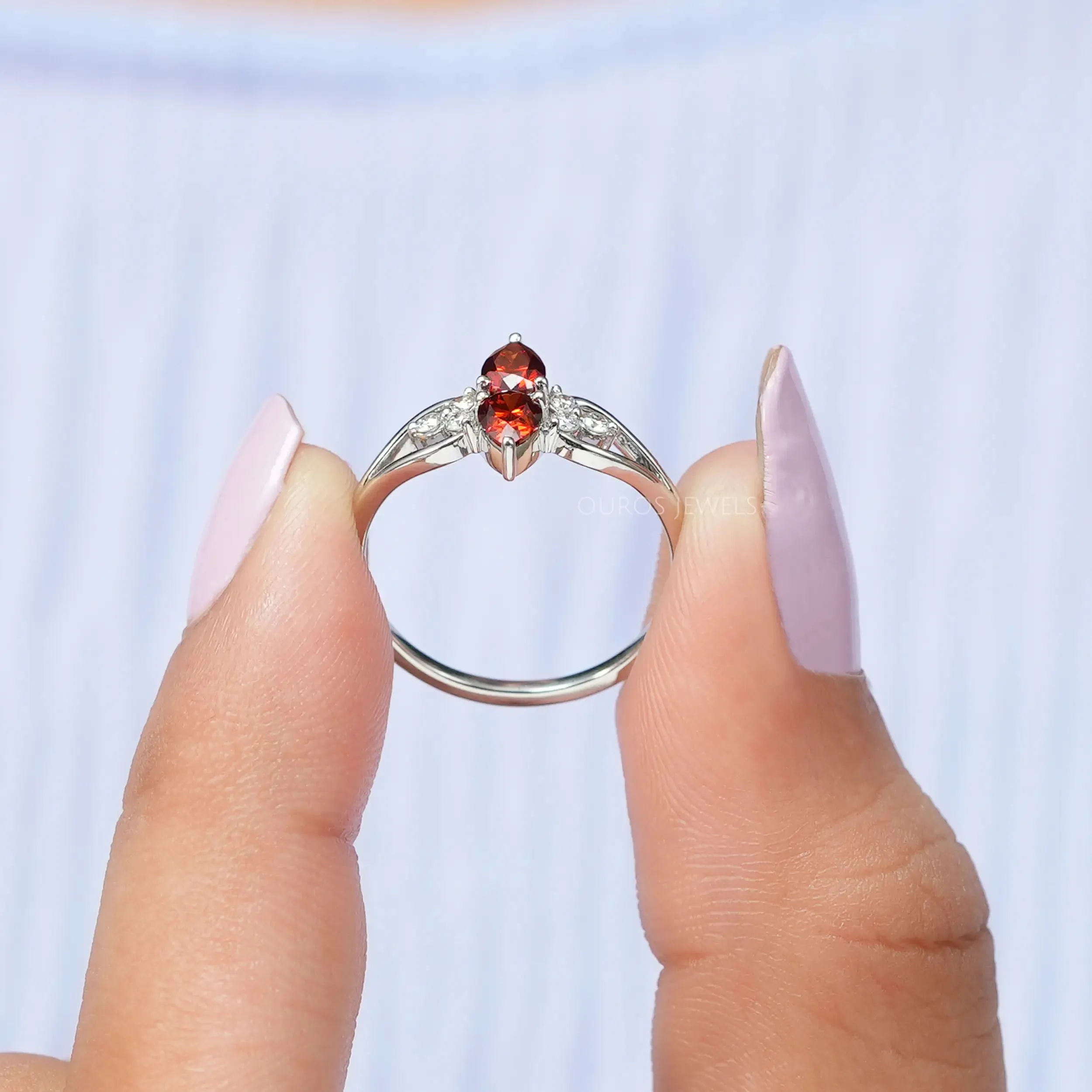 Two  Stone Red Pear Diamond Dainty Ring