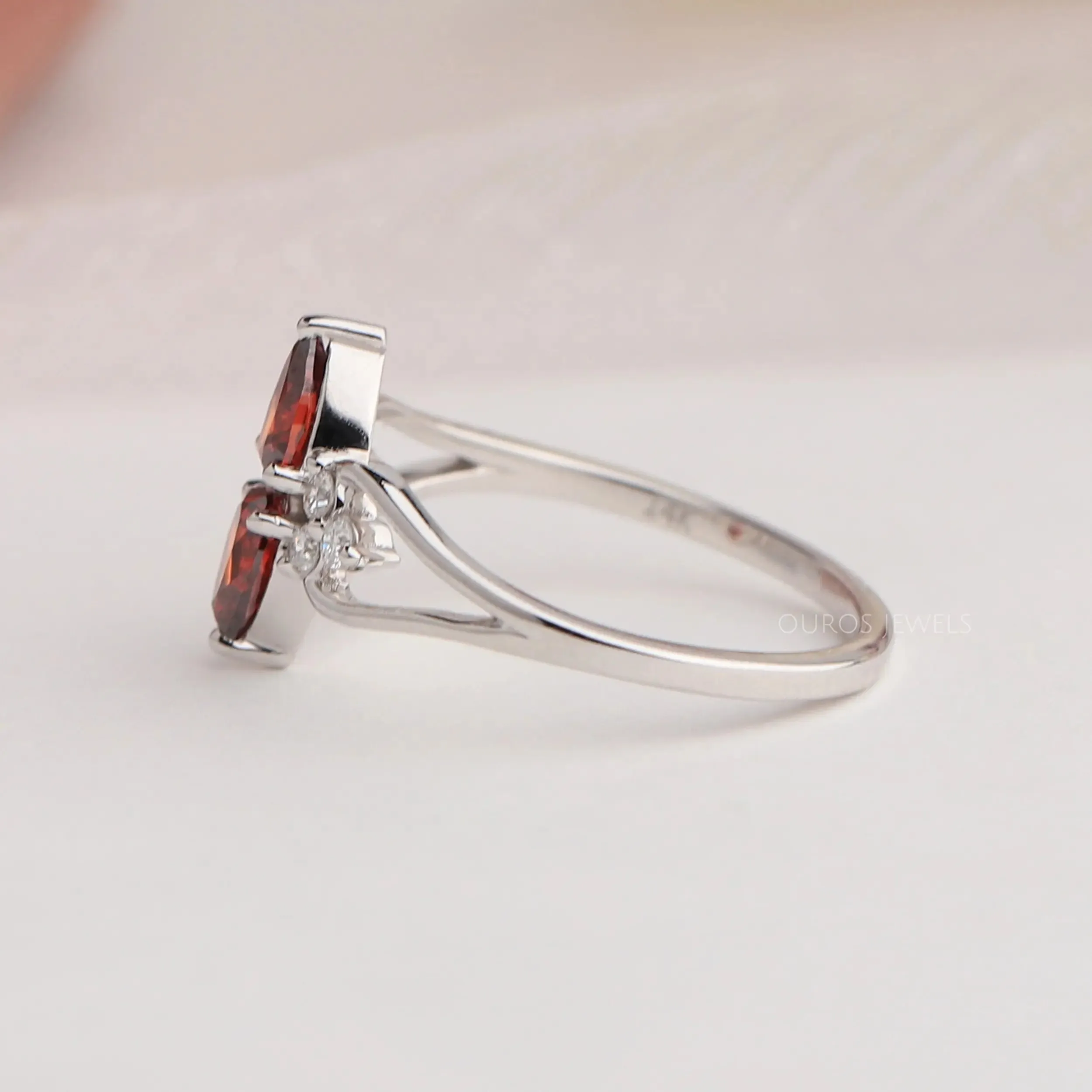 Two  Stone Red Pear Diamond Dainty Ring