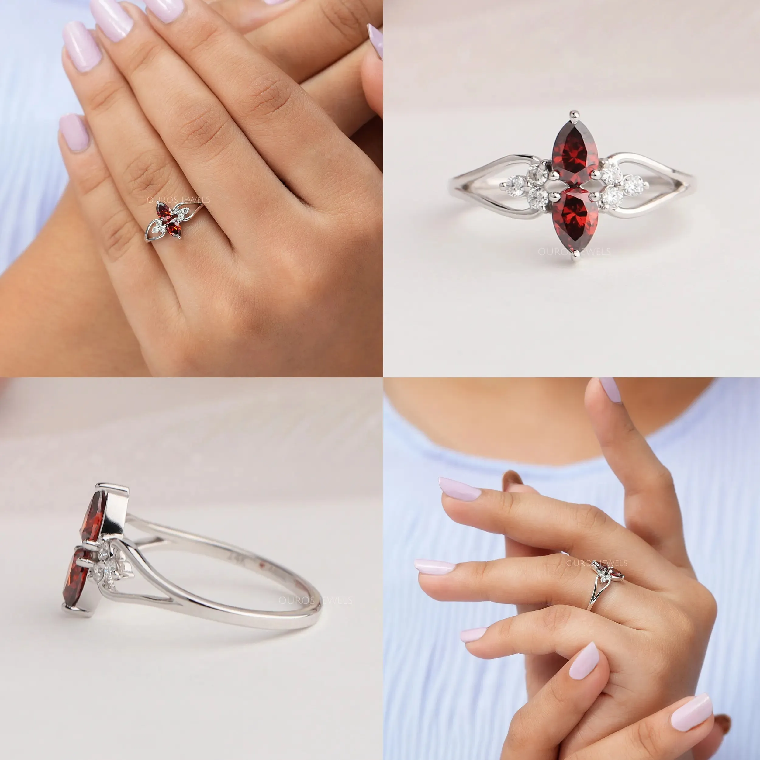 Two  Stone Red Pear Diamond Dainty Ring