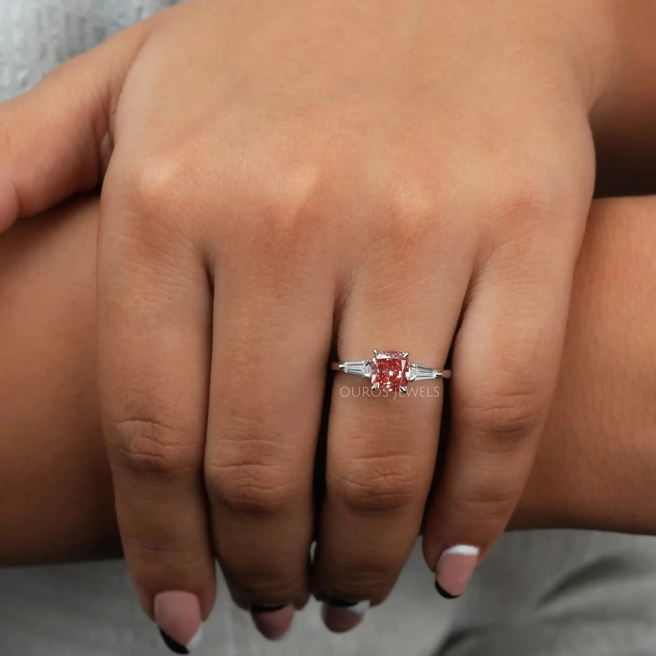 Unique Arrow Cut Pink Cushion Three Stone Engagement Ring