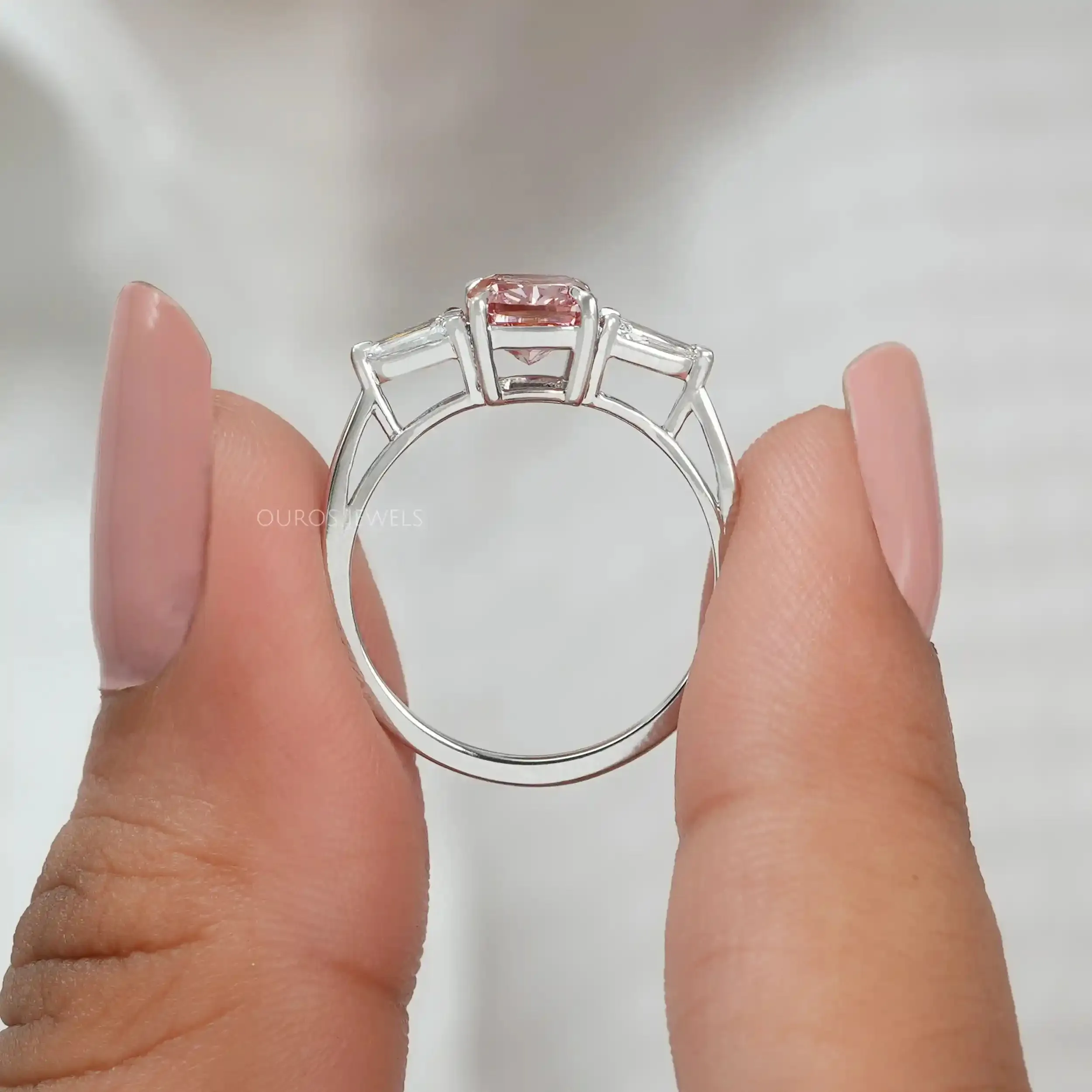 Unique Arrow Cut Pink Cushion Three Stone Engagement Ring