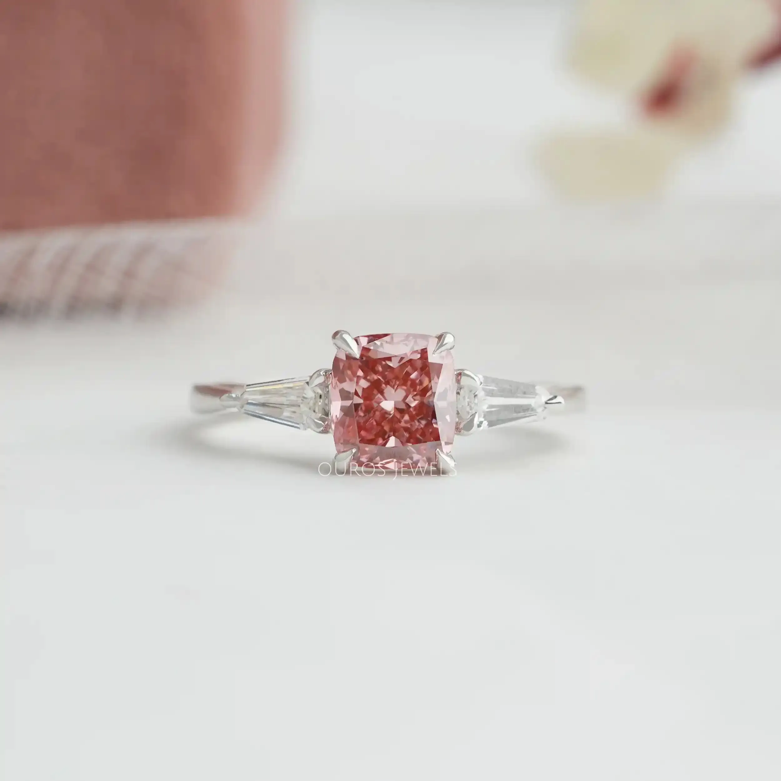 Unique Arrow Cut Pink Cushion Three Stone Engagement Ring