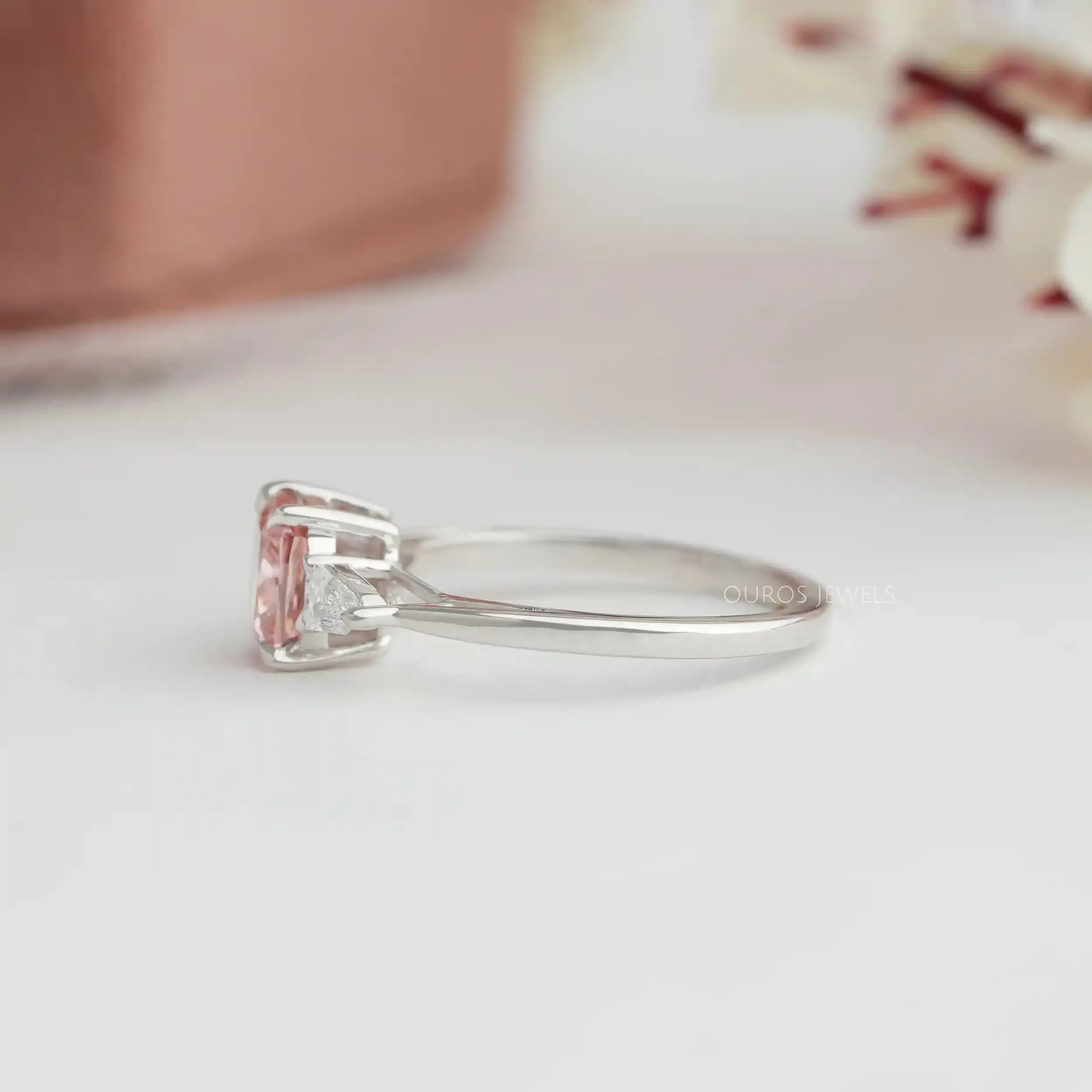 Unique Arrow Cut Pink Cushion Three Stone Engagement Ring