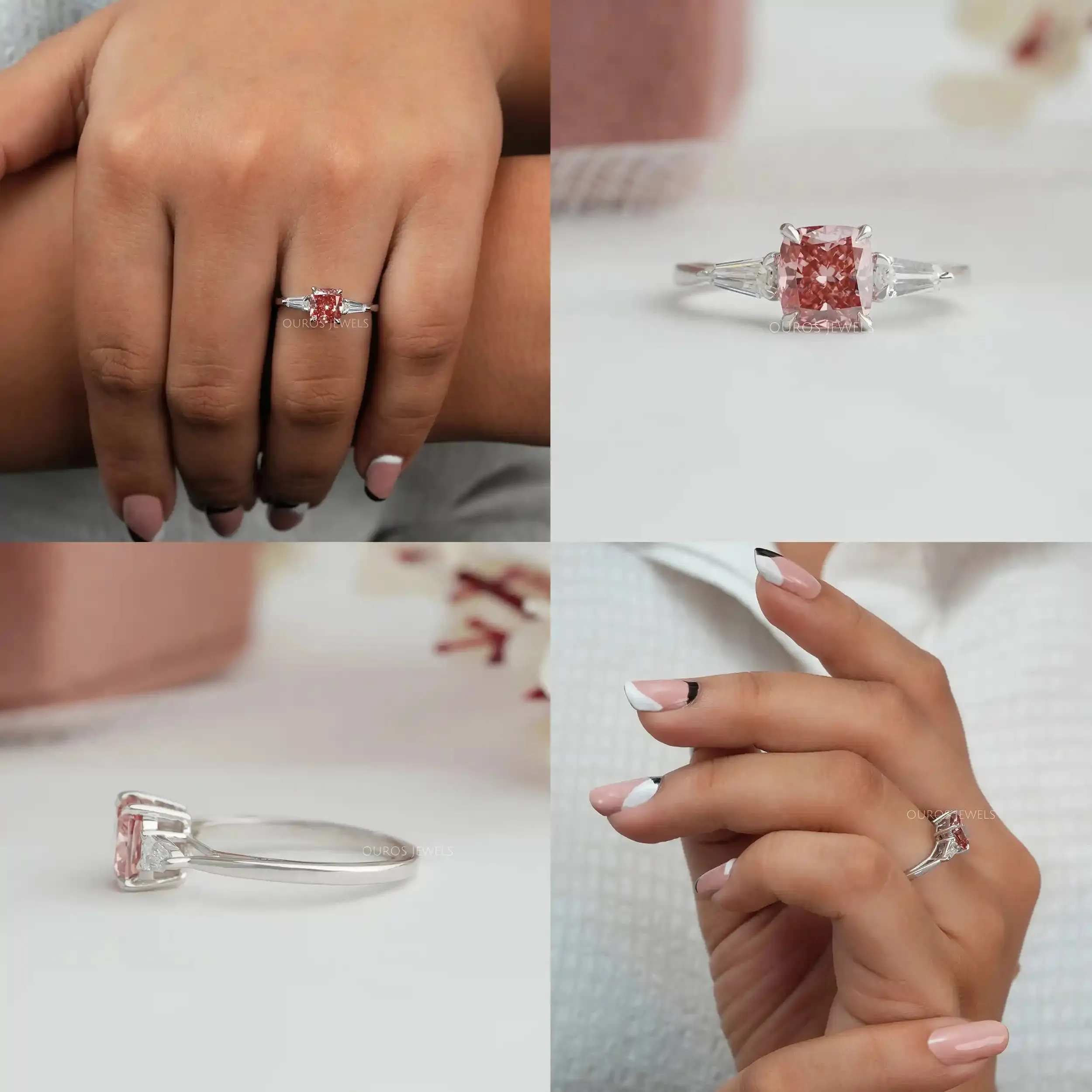 Unique Arrow Cut Pink Cushion Three Stone Engagement Ring