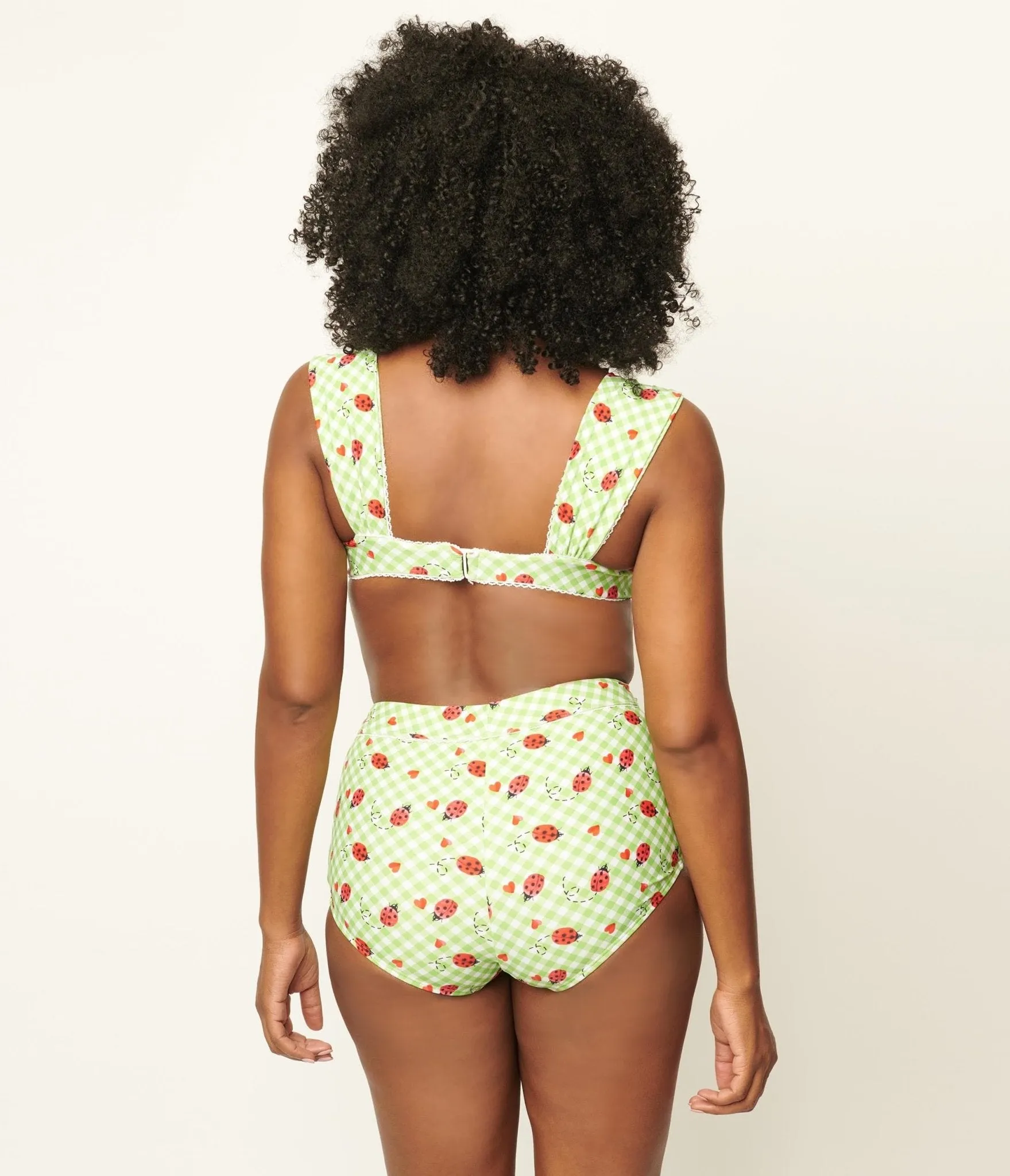 Unique Vintage Green Gingham & Ladybug Print Ruched & Ready Swim Top