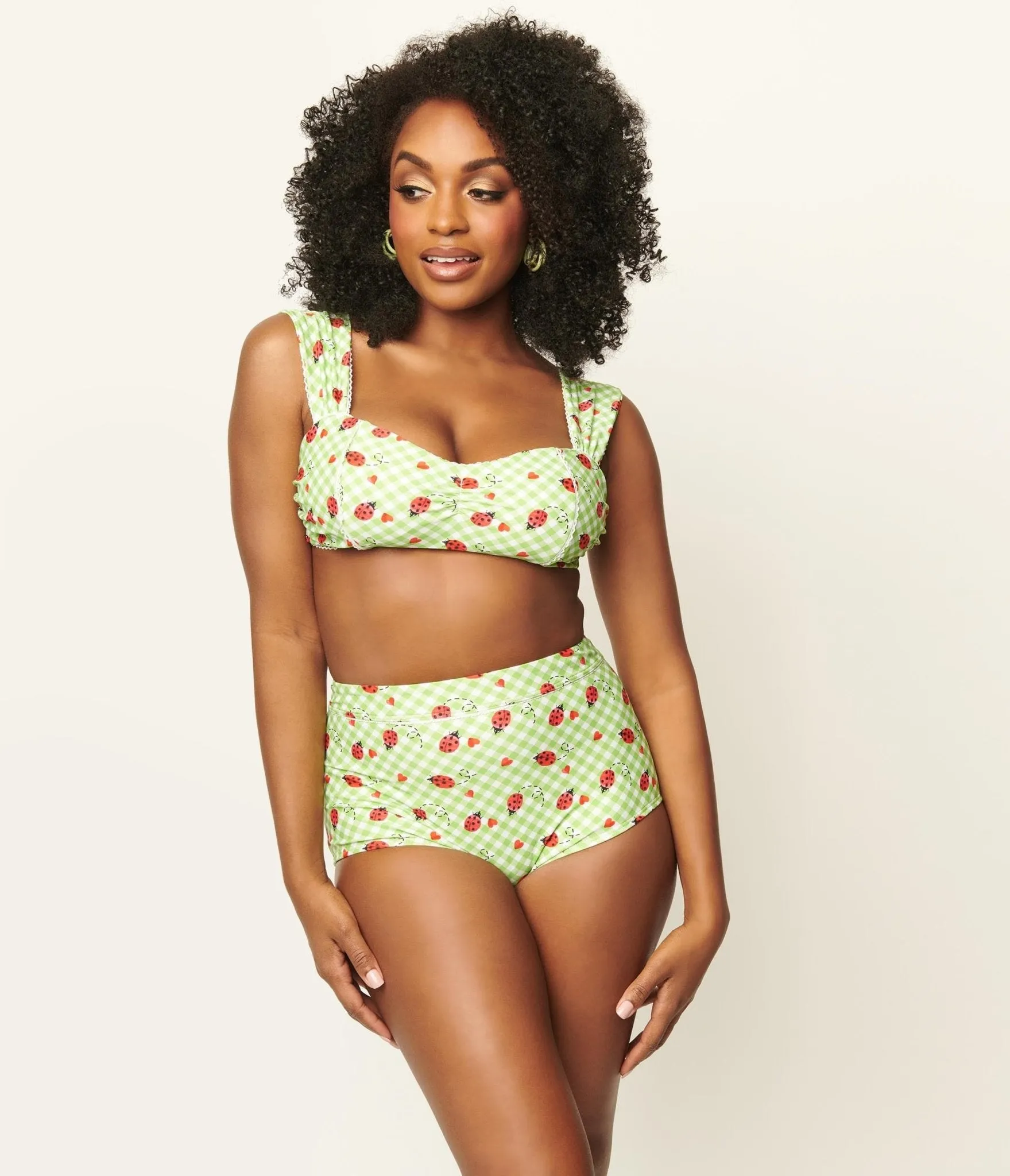 Unique Vintage Green Gingham & Ladybug Print Ruched & Ready Swim Top