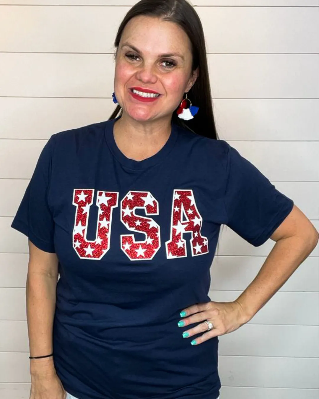 USA Tee with Stars in Red Glitter