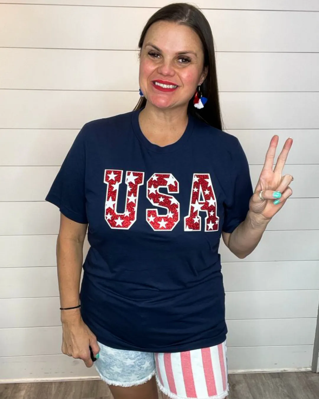 USA Tee with Stars in Red Glitter