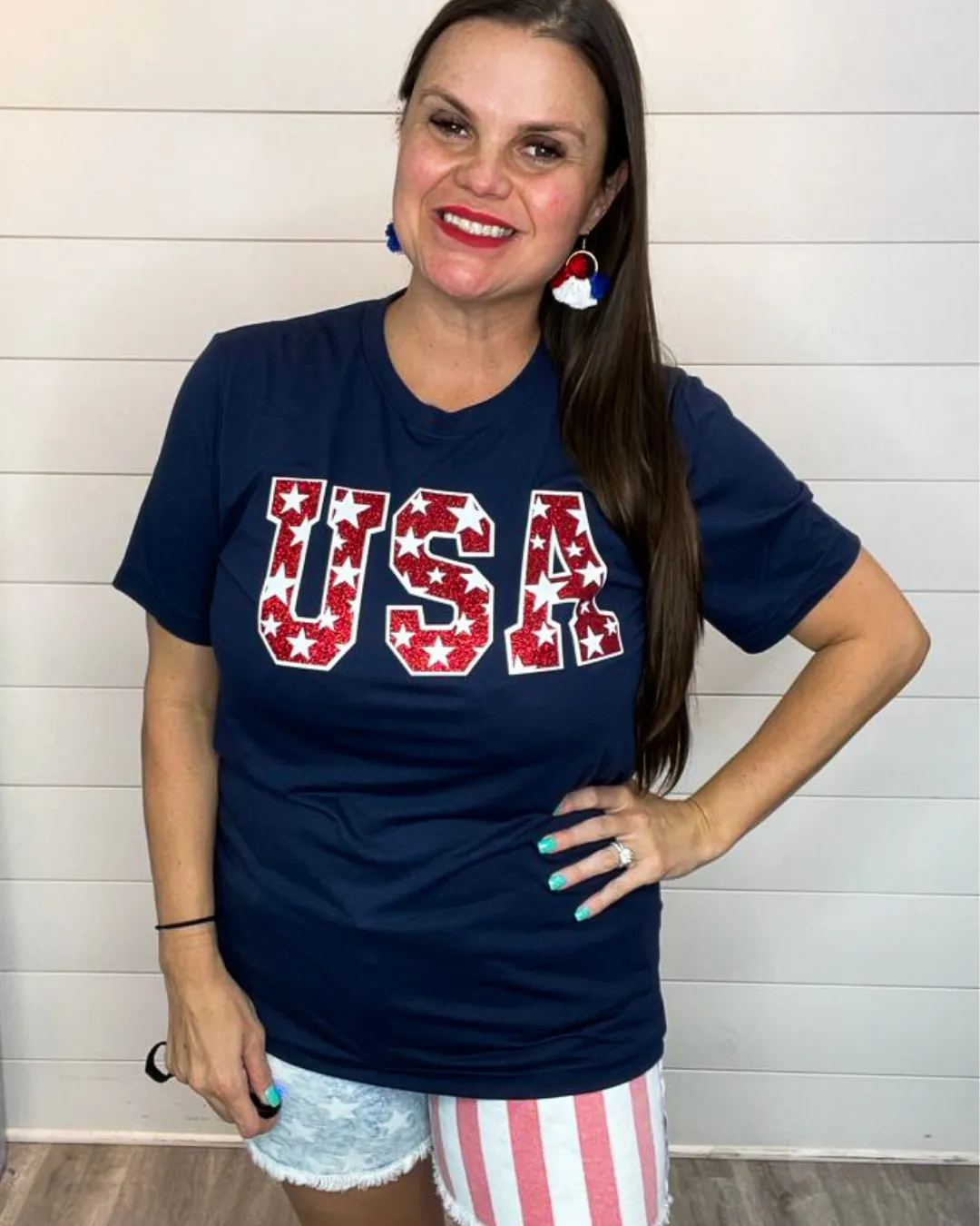 USA Tee with Stars in Red Glitter