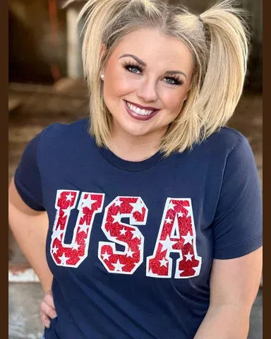 USA Tee with Stars in Red Glitter