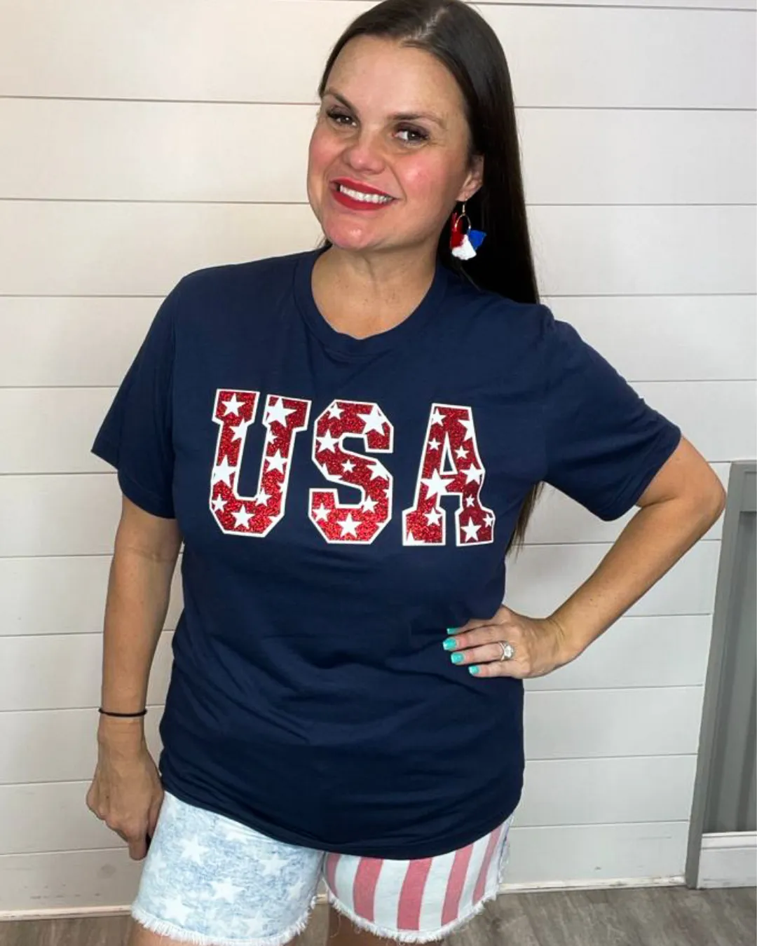 USA Tee with Stars in Red Glitter