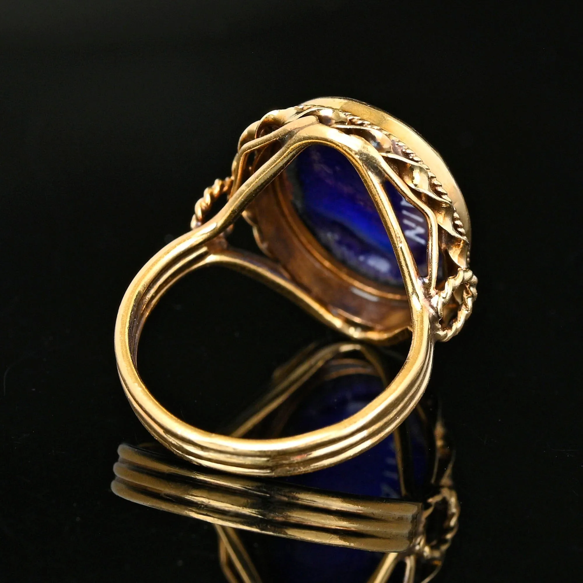 Vintage 14K Gold Cobalt Blue Enamel Fleur De Lis Ring