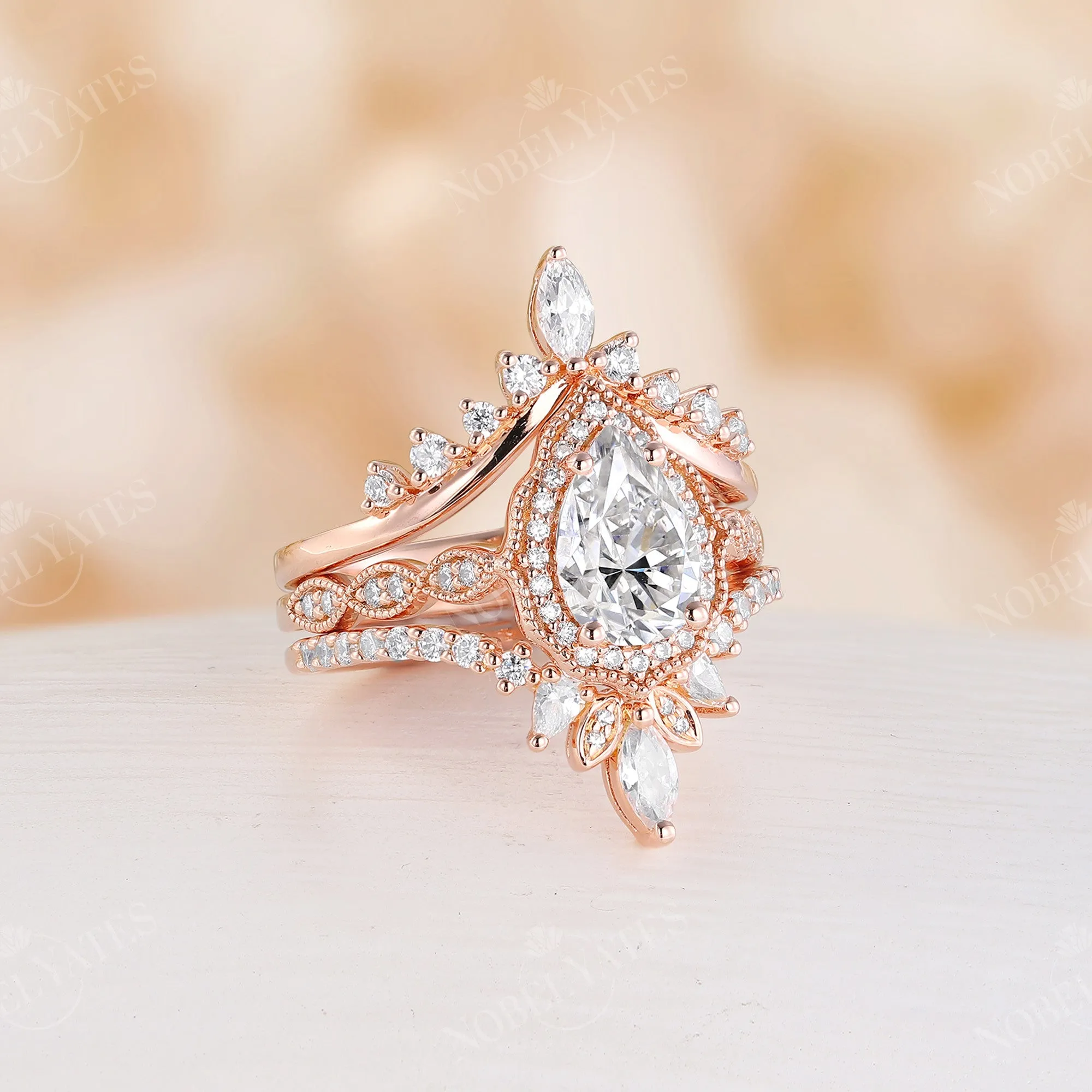 Vintage Pear Moissanite Rose Gold Halo & Milgrain Engagement Ring Set