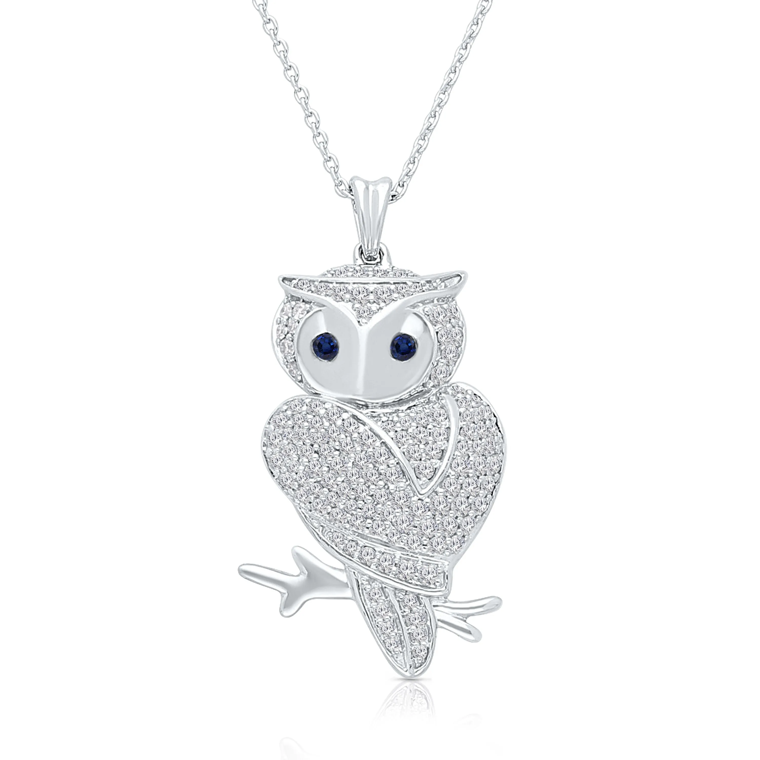 White Gold Sapphire & White Diamond Owl Pendant