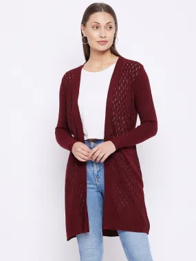 Women Maroon Acrylic Ribbed Front Open Long Shrug