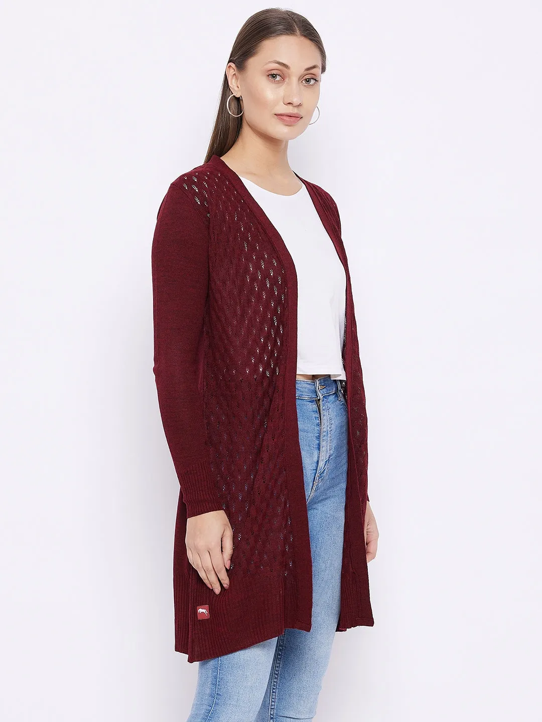 Women Maroon Acrylic Ribbed Front Open Long Shrug