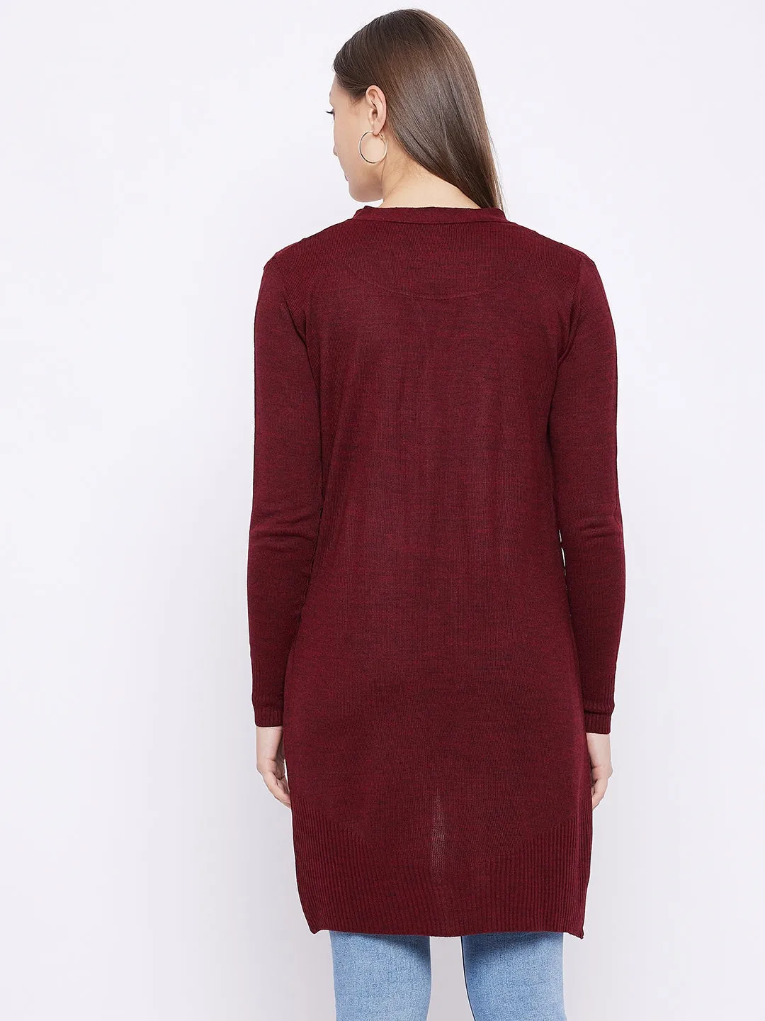 Women Maroon Acrylic Ribbed Front Open Long Shrug