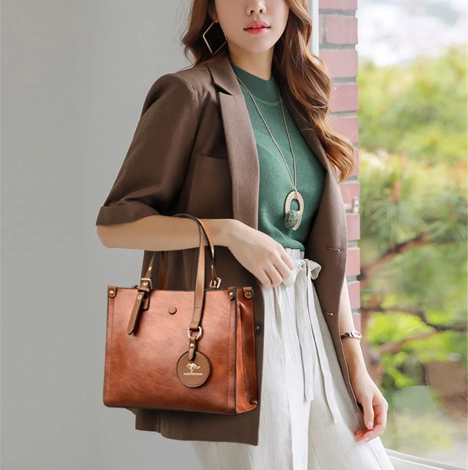 Women's 3 Layers Casual Vintage Luxury Designer Leather Tote Handbags