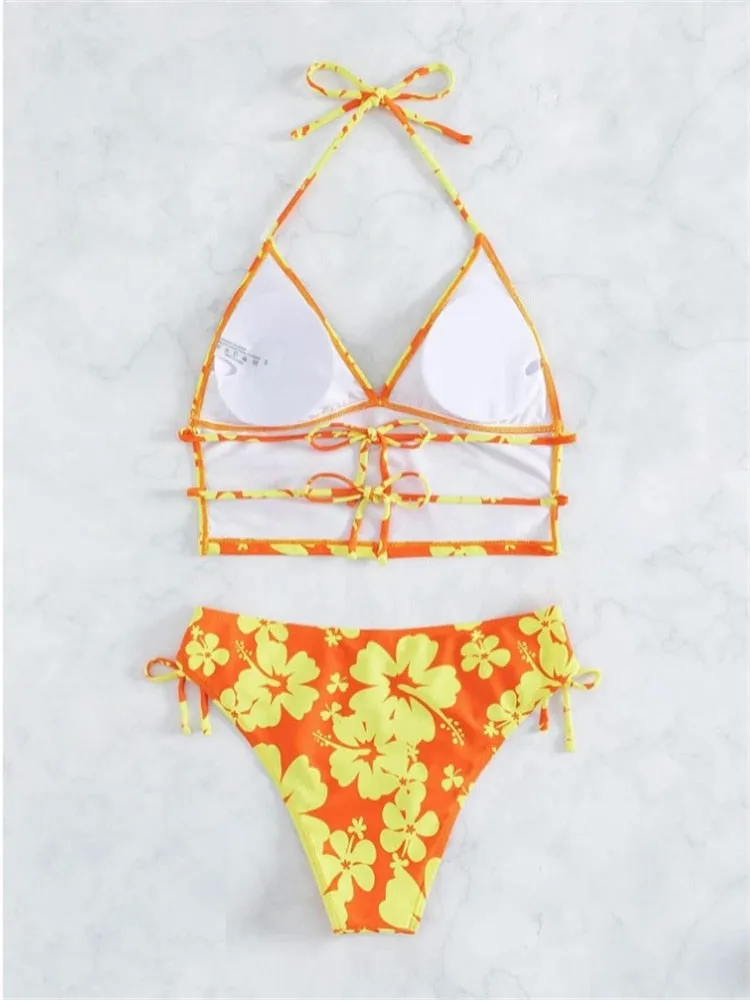 Women's Floral Print Halter Crop Top High Waist Push-Up Bikini Swimwear